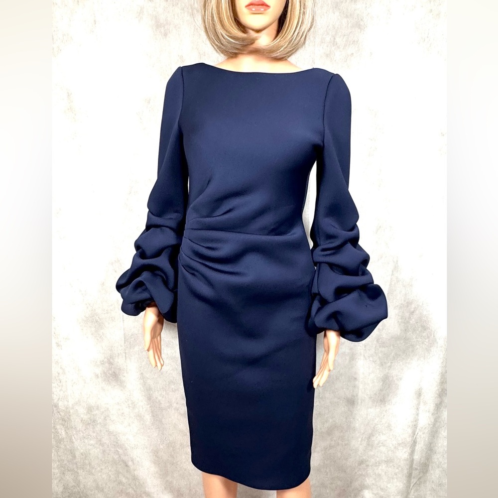NWT - Jovani Blue Sheath Dress with Ruched Bishop Sleeves